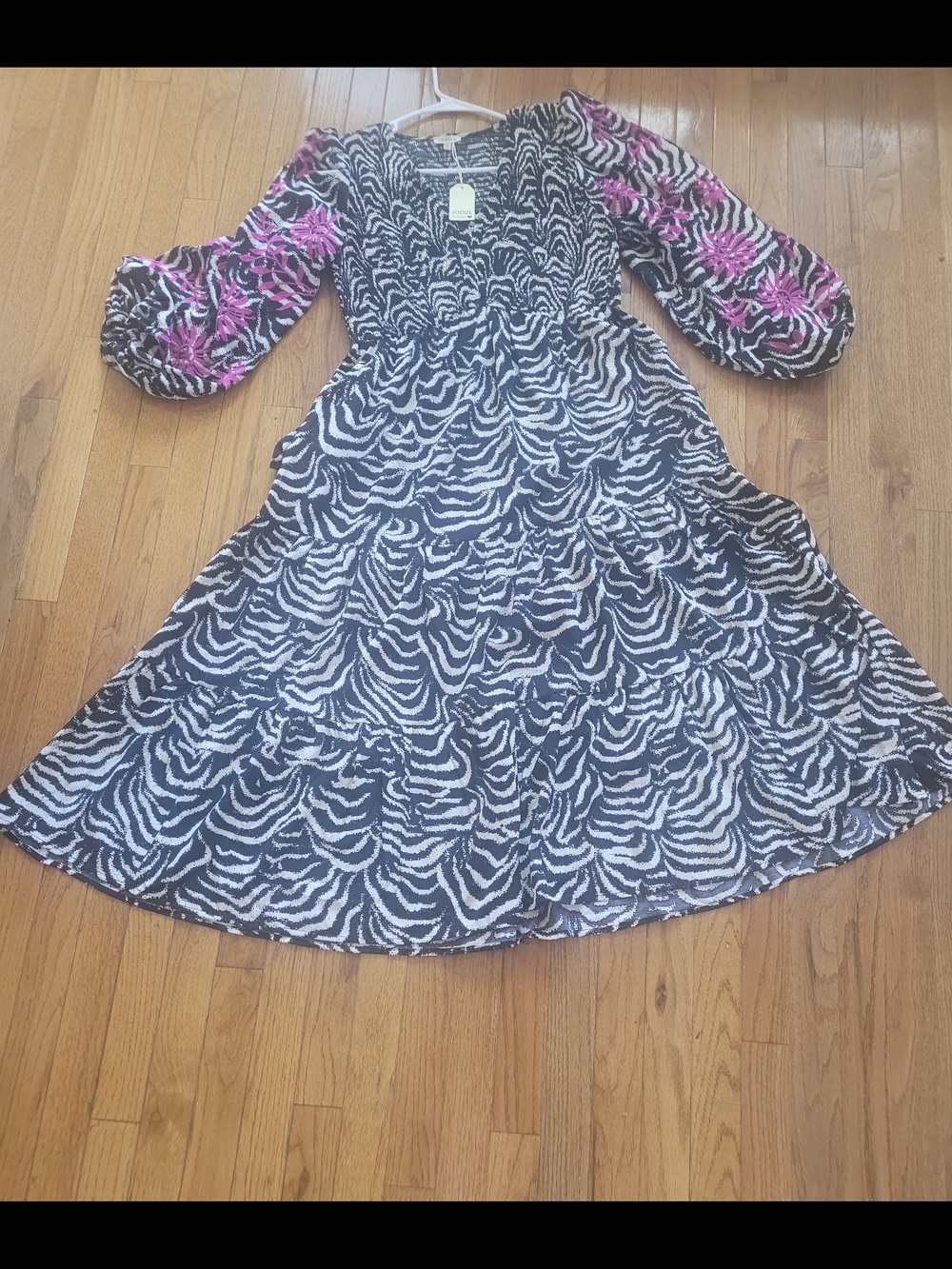 JODIFL Black & White Zebra Print Maxi Dress with Pink Accent Sleeves